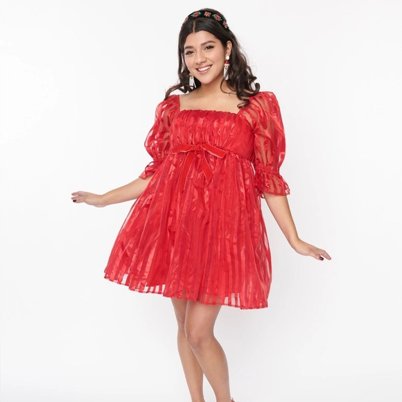 Small Parlous Red Puff Sleeve Dress - 1X - Picture 1 of 3